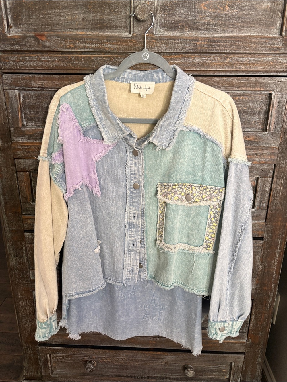 Oli & Hali Pastel Patchwork Denim Jacket with Star Applique